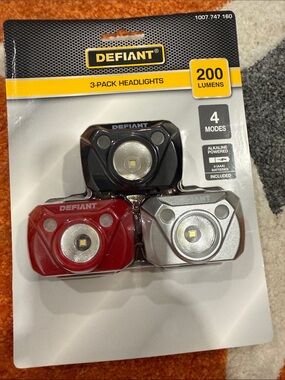 Defiant ~3-Pack Headlights/Flashlights (Black, Red, Silver) - 200 Lumens , NWT